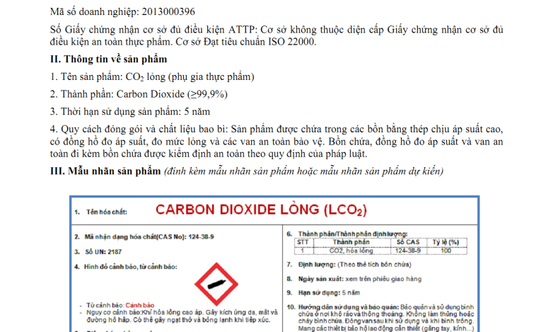 Công bố CO2 thực phẩm.